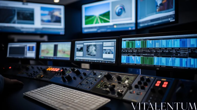 Professional Video Editing Suite - Monitors, Control Panel, Keyboard, Mouse AI Image