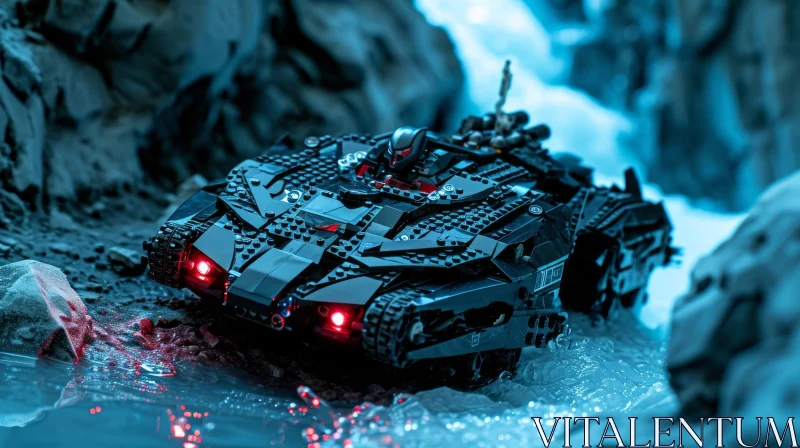 Black Lego Batman Tumbler Driving through Snowy Landscape AI Image