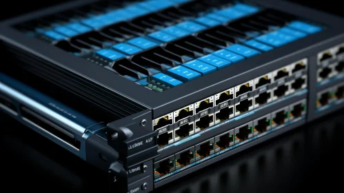Black Network Switch with 24 Ethernet Ports - Technology Close-up