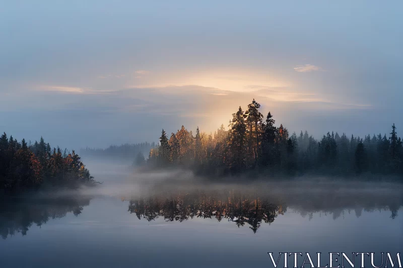 Misty Sunrise on a Finnish Lake - Enchanting Nature Photography AI Image