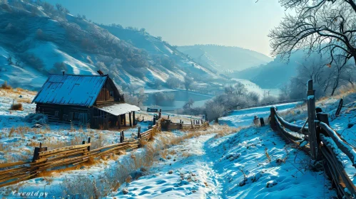 Peaceful Winter Landscape with Wooden House in Snowy Field