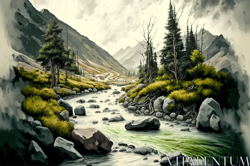 AI ART Tranquil River Painting in Green Mountains - Detailed Illustration