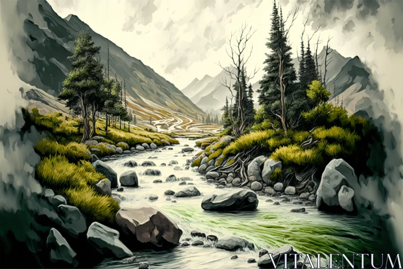 Tranquil River Painting in Green Mountains - Detailed Illustration AI Image
