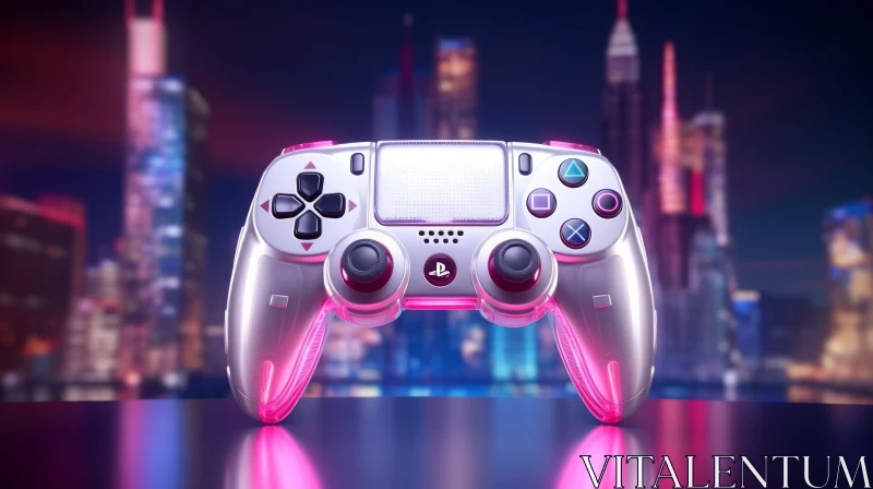3D White Video Game Controller on Cityscape Background AI Image