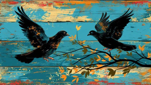 Black Birds in Flight: Rustic Folk Art Painting