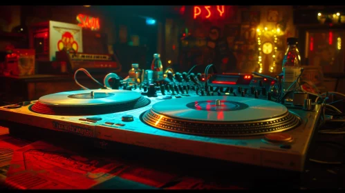 Close-Up of DJ Turntable with Vibrant Lights and Records
