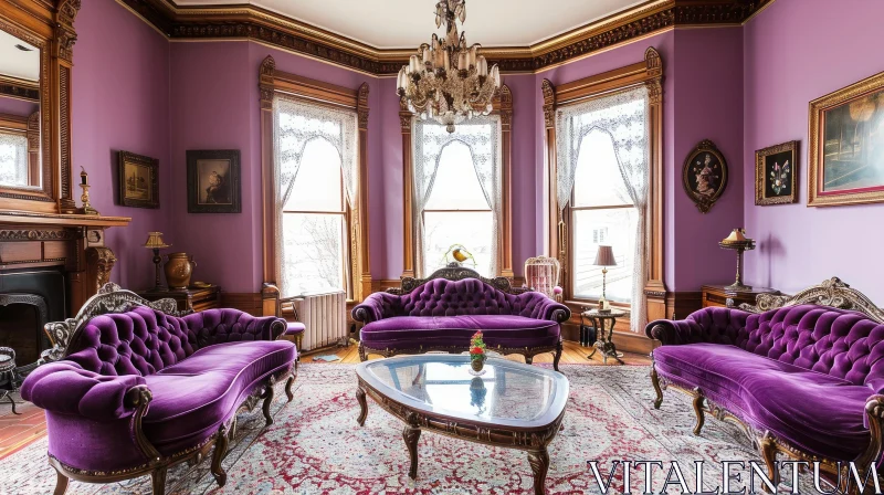 AI ART Elegant Living Room with Purple Walls and Stylish Furniture
