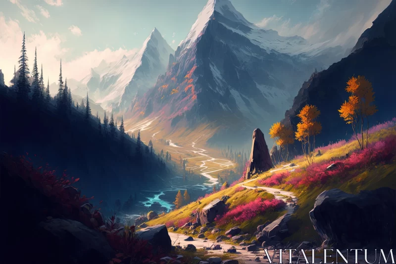 Mountain Valley Landscape: Breathtaking Nature Scene in Maroon and Cyan AI Image