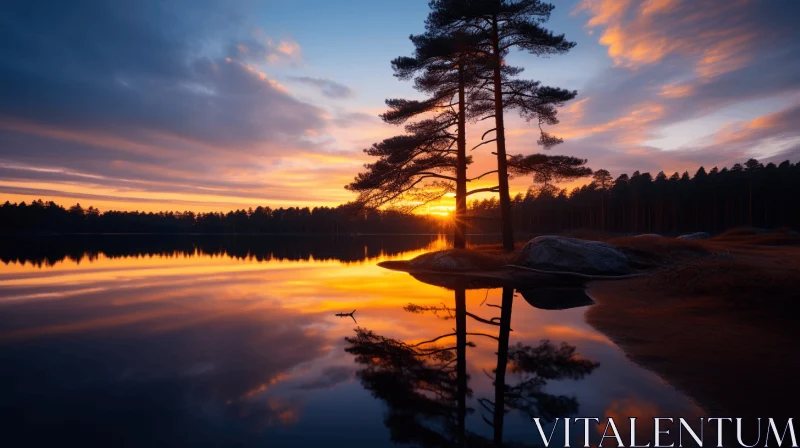 Sunset over a Lake: Serene Reflection of Pine Trees AI Image