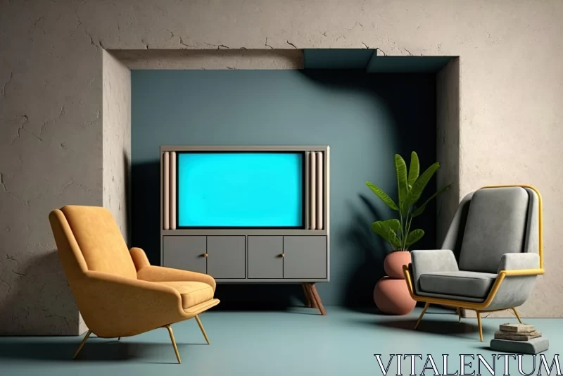 Vintage 1960s Living Room Furniture with Television and Plant - Ukrainian Stock Illustration AI Image