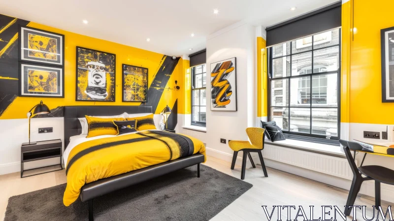 Beautiful Bedroom with Yellow Accent Wall and Abstract Art AI Image