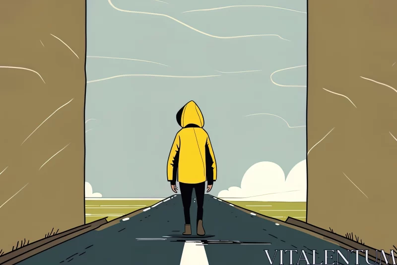 AI ART Cartoonist in Yellow Jacket Walking on Road | Ominous Landscapes