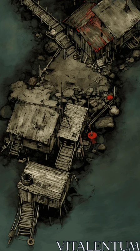 Dark and Gritty Illustration of a Wooden Village and Dock AI Image