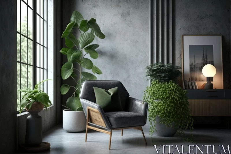 Dark Living Room with Plant and Grey Armchair - Realistic Rendering AI Image
