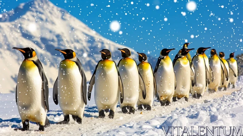 Graceful Emperor Penguins Walking on Ice in a Snowy Landscape AI Image
