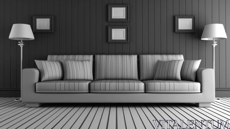 Minimalistic Living Room 3D Rendering | Striped Sofa and Black White Frames AI Image
