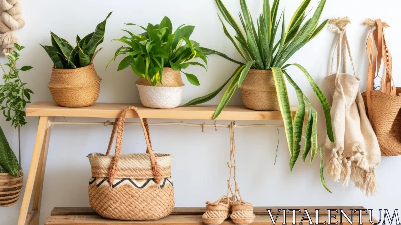 Natural and Bohemian Wooden Shelf with Potted Succulents AI Image