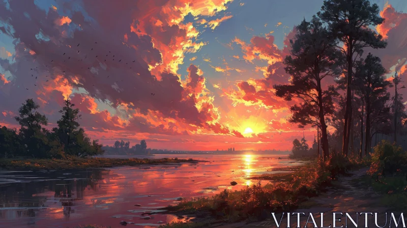 Serene Landscape Painting in Warm Colors | Sunset Over River AI Image