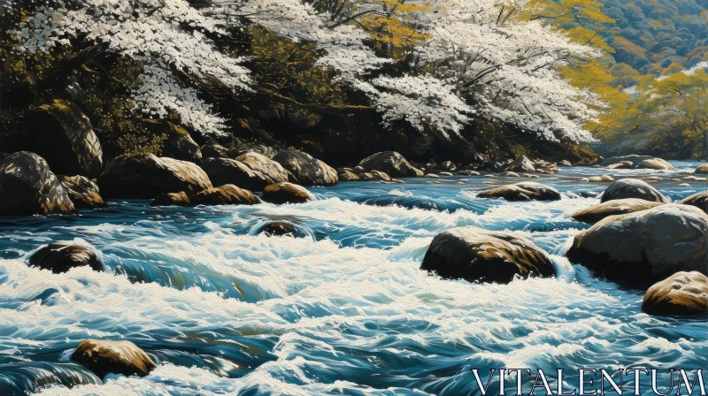 Serene River Landscape Painting in a Forest | Nature Art AI Image