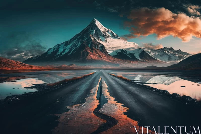 AI ART Captivating Desert Road with Majestic Mountain - Dark Cyan and Orange