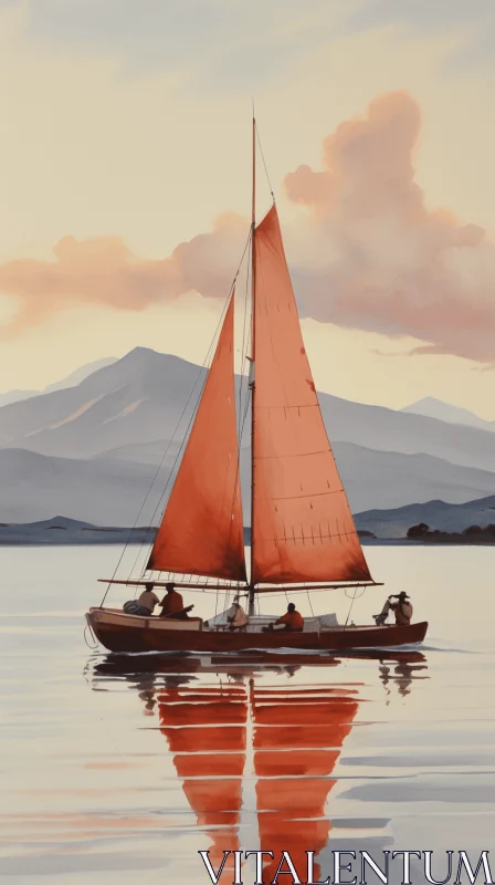 Captivating Seascape: Red Sail Boat on Tranquil Waters AI Image
