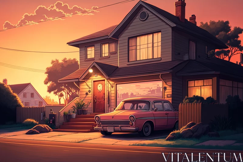 Charming Illustration of a Pink Car and House at Sunset AI Image