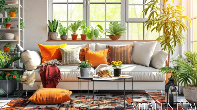 Cozy Living Room with Natural Light and Vibrant Accents AI Image