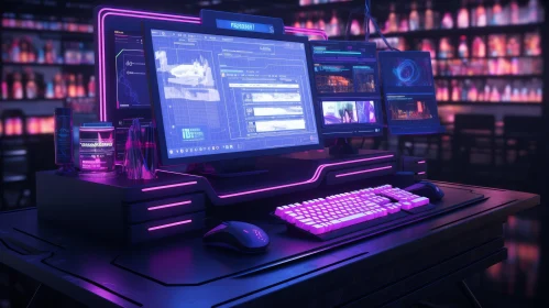 Dark Hacker's Computer Setup with Neon Lights