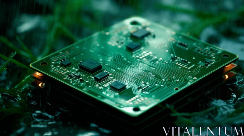 Green Circuit Board with Water Drops - Intriguing Technology Close-Up AI Image