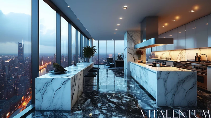 Modern Kitchen with Marble Island and City Skyline View AI Image
