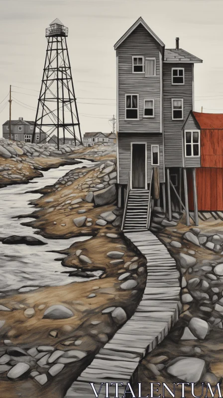 Captivating Contemporary Canadian Art: Water Tower and Houses AI Image