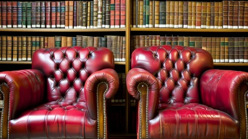 Captivating Interior Design: Red Leather Armchairs and Wooden Bookcase