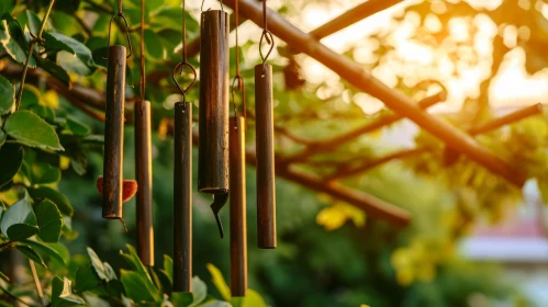 Close-Up Image of Bamboo Wind Chime Hanging from Tree Branch