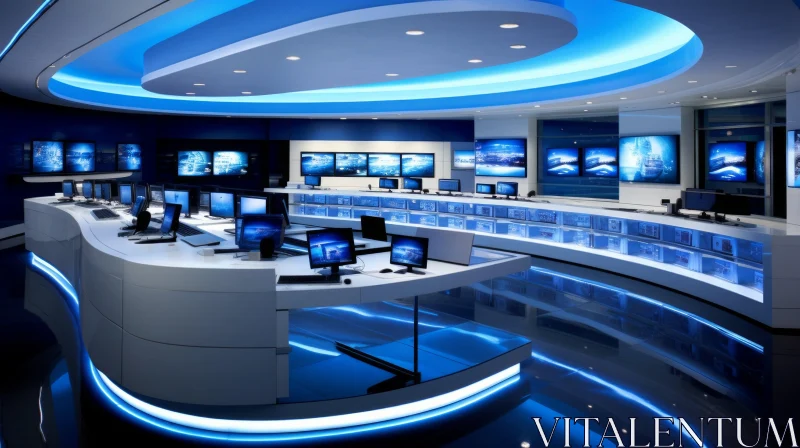 Futuristic Control Room with Blue Light AI Image