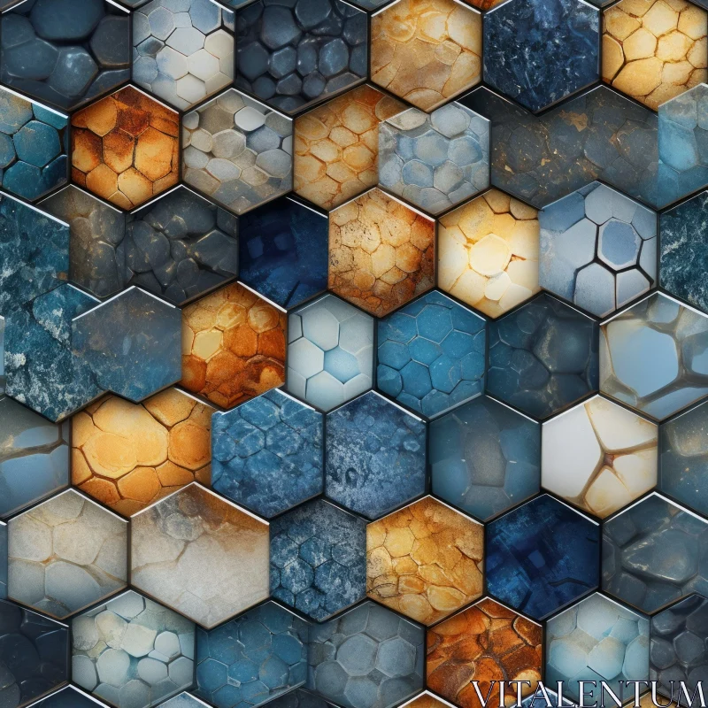 Hexagonal Pattern - Stone, Metal, Glass - Blue, Orange, Gray AI Image