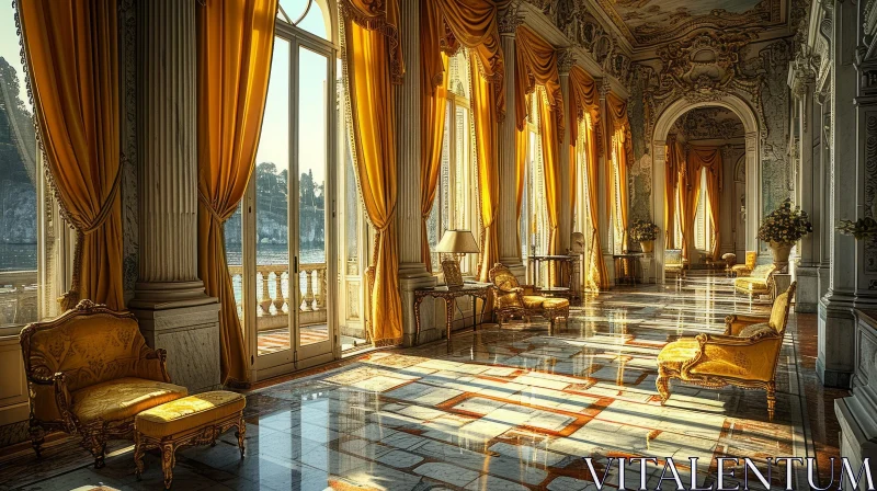 Luxurious Hall with Marble Floor and Yellow Curtains AI Image