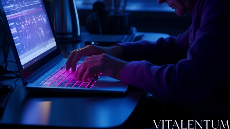AI ART Man Typing on Laptop in Dark Room