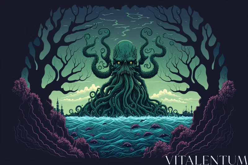 Mysterious Octopus in a Dark Lake | Hyper-Detailed Illustration AI Image