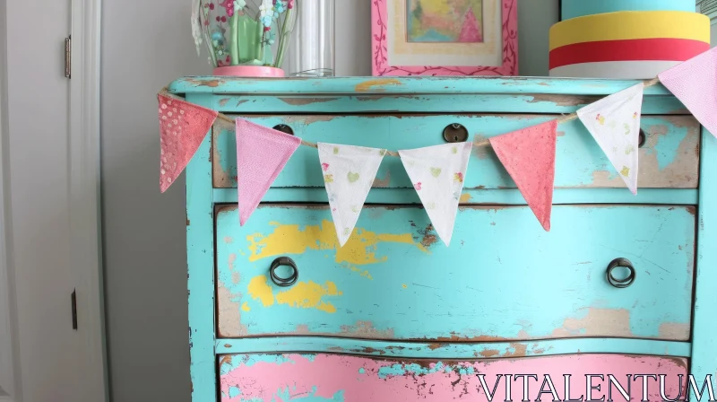 Shabby Chic Turquoise and Pink Dresser with Fabric Triangles AI Image