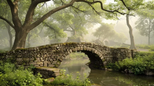 Stone Bridge in Forest: Serene Landscape with Lush Green Trees