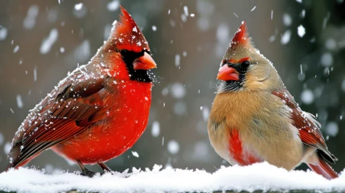 Two Northern Cardinals on Snowy Branch | Nature Photography