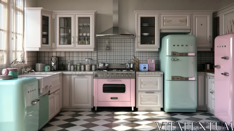 Charming Retro-Style Kitchen with Pink and Mint Green Appliances AI Image