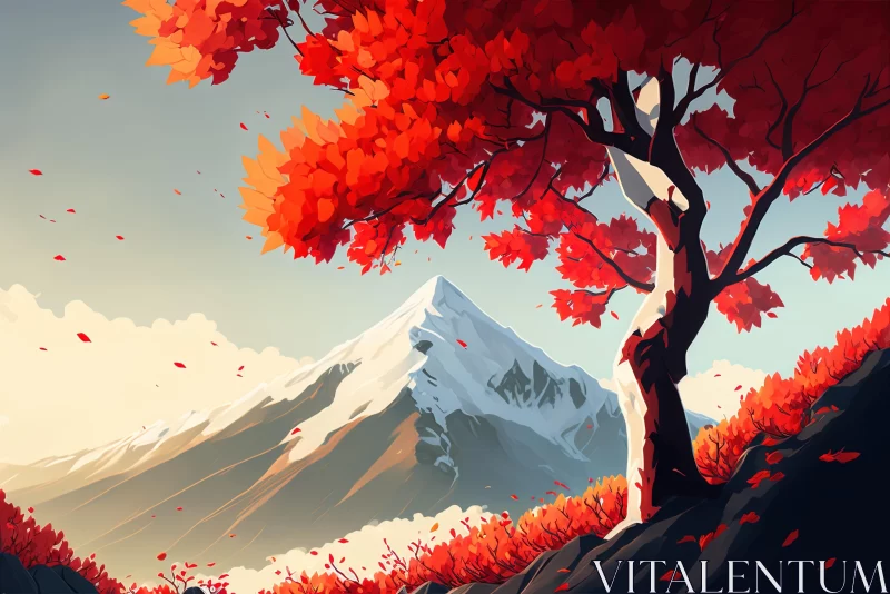 AI ART Majestic Red Tree in the Mountains: Realistic Color Schemes and Anime-Inspired Graphic Design
