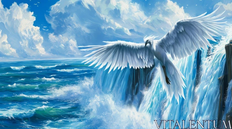 Majestic White Phoenix Rising from a Waterfall - Symbol of Hope and Renewal AI Image
