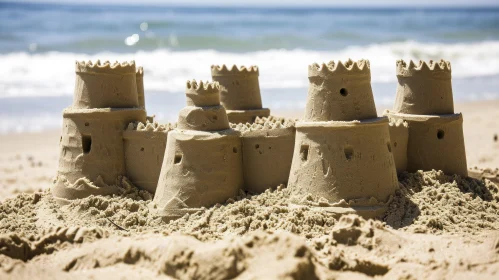 Sand Castle on Beach: Majestic Structure with Turrets and Crowns