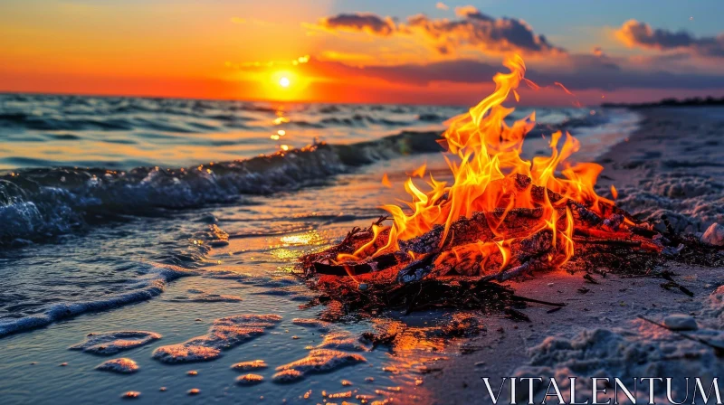 Bonfire on Beach at Sunset: A Mesmerizing Scene AI Image