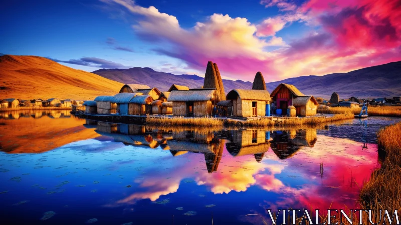 Colorful House Reflecting in a Serene Lake at Sunset - Ancient Art Inspired AI Image