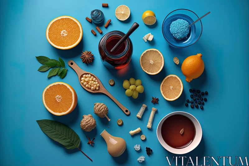 Colorful Mix of Spices and Fruit on Blue Background | Nature-Inspired Composition AI Image
