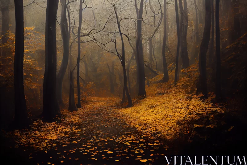 Dark Forest Trail with Fallen Leaves | Eerie and Mysterious Atmosphere AI Image