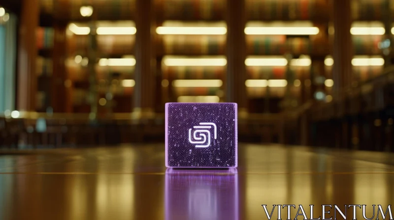 Glowing Purple Cube Illustration in a Library Setting AI Image